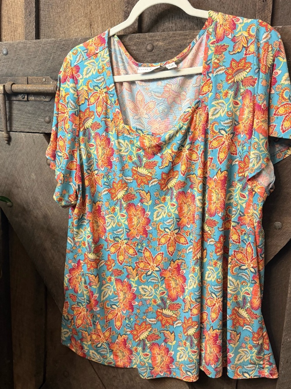 Susan Graver Liquid Knit Floral Paisley Scoop Neck Top Teal Orange